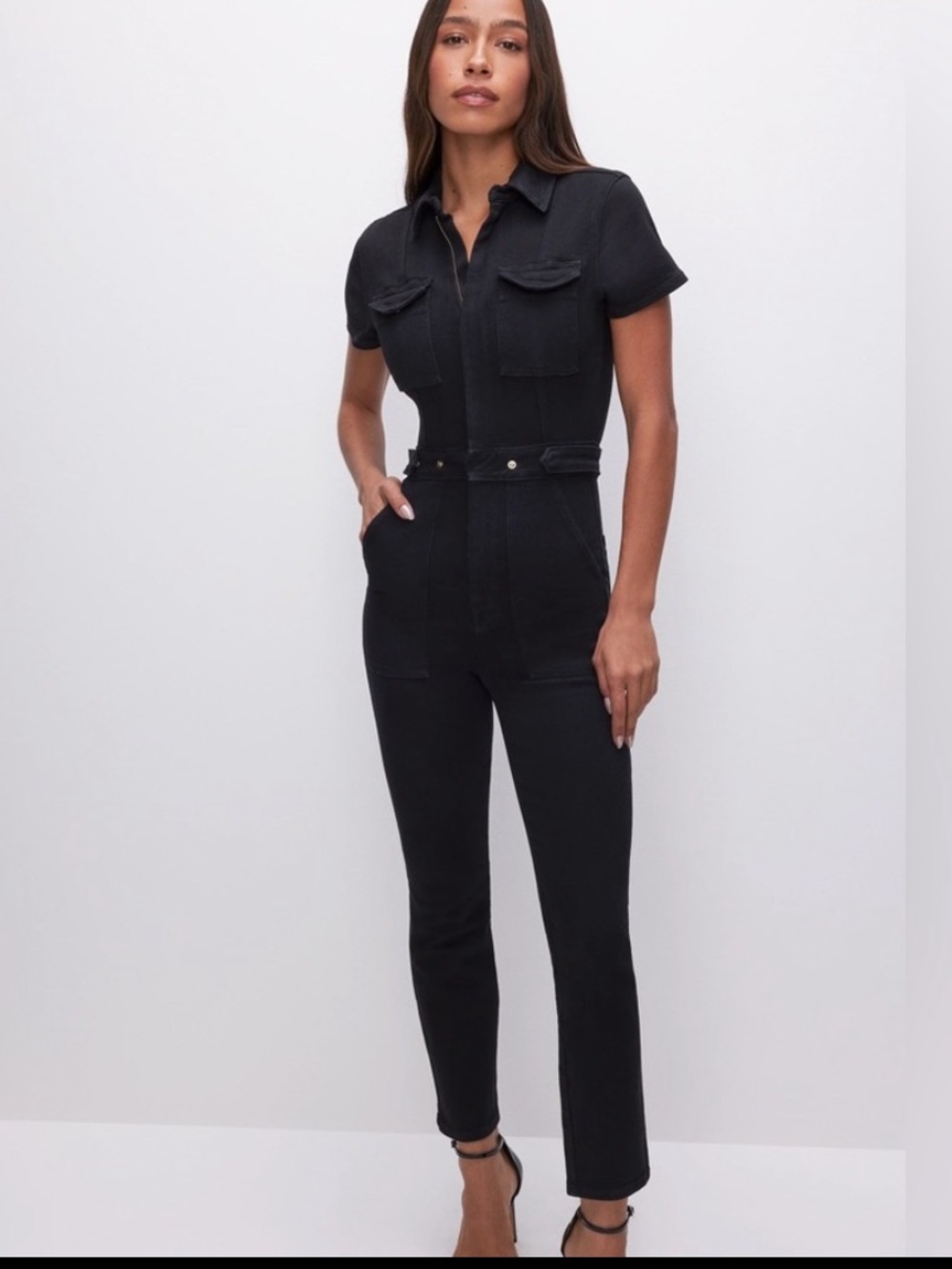Good American Black Short-Sleeve Zip Front Jumpsuit